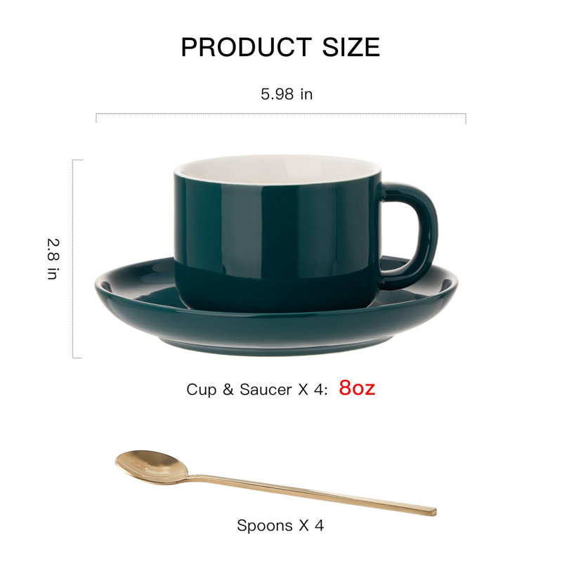6-Piece Teacup And Saucer Set, Modern Porcelain Coffee Mug With Gold Spoon, Green