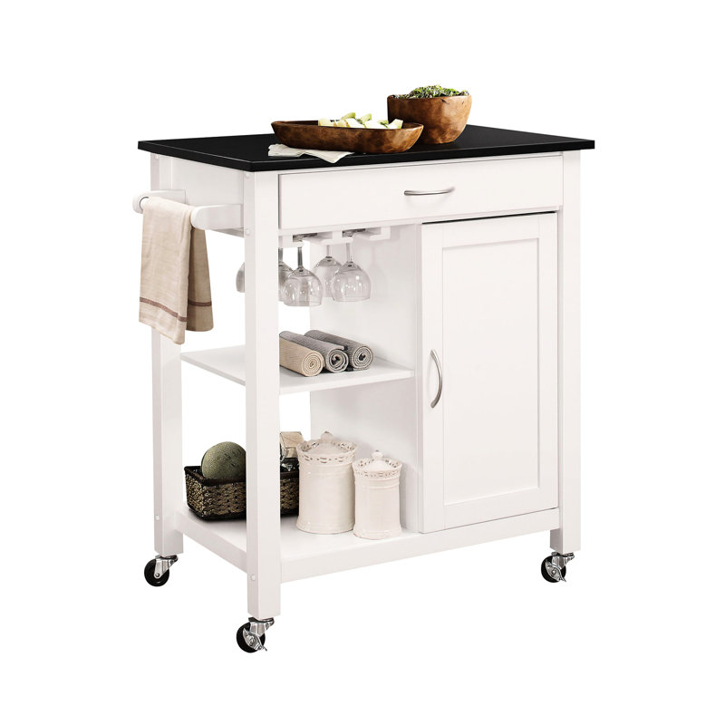 Dessus en bois noir et chariot de cuisine blanc avec 1 porte de rangement, un tiroir, 2 tablettes ouvertes, un porte-verres à pied, un crochet à serviettes à roulettes et une surface de rangement, une porte, un support