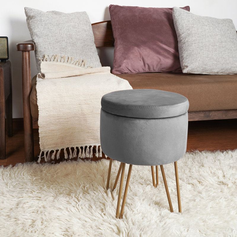 Velvet Storage Upholstered Accent Stool, Grey