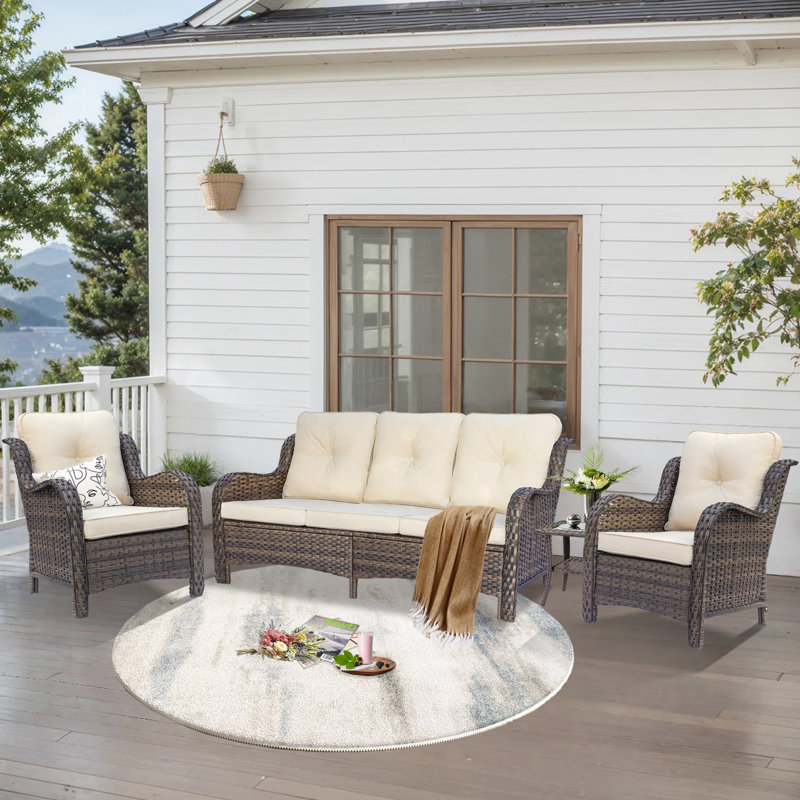 4-piece Outdoor Patio Conversation Set With 3-seat Sofa And Armchair, Brown