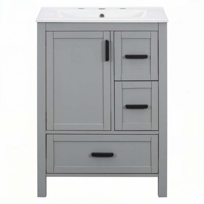 Meuble-lavabo de salle de bain avec lavabo en céramique, 3 tiroirs et 1 porte, rangement polyvalent