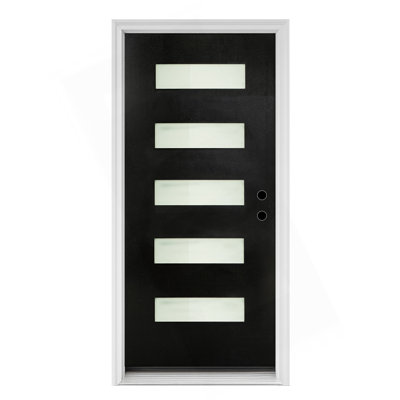 36 X 80 5-Lite Fiberglass Entry Door Slab, Frosted Glass, Black Finish Knock-Down Fiberglass Door - Contemporary Style For Home's Front Entrance Door Slab, Left Hand Inswing