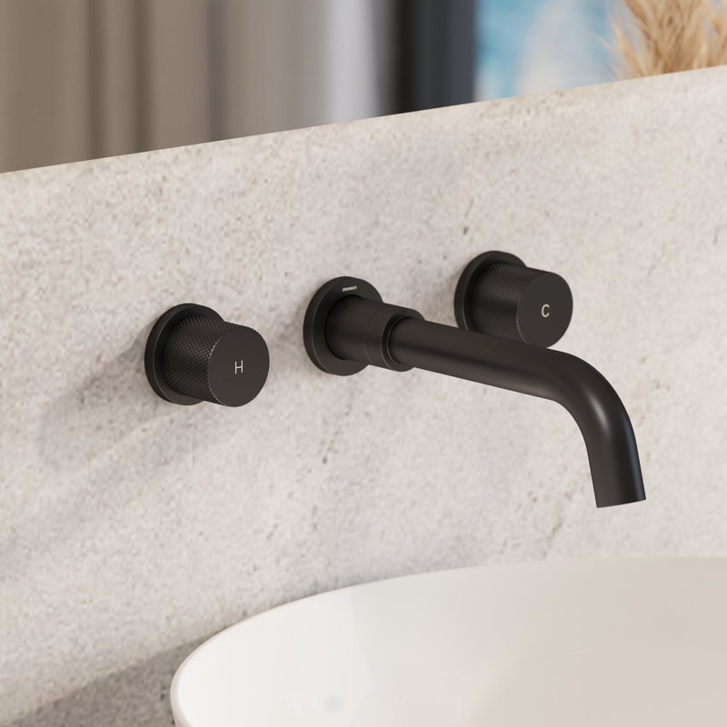 Angelsey Bathroom Sink Faucet with Pop-Up Drain, 2-Handle Modern Wall-Mount Faucet in Matte Black, Matte Black