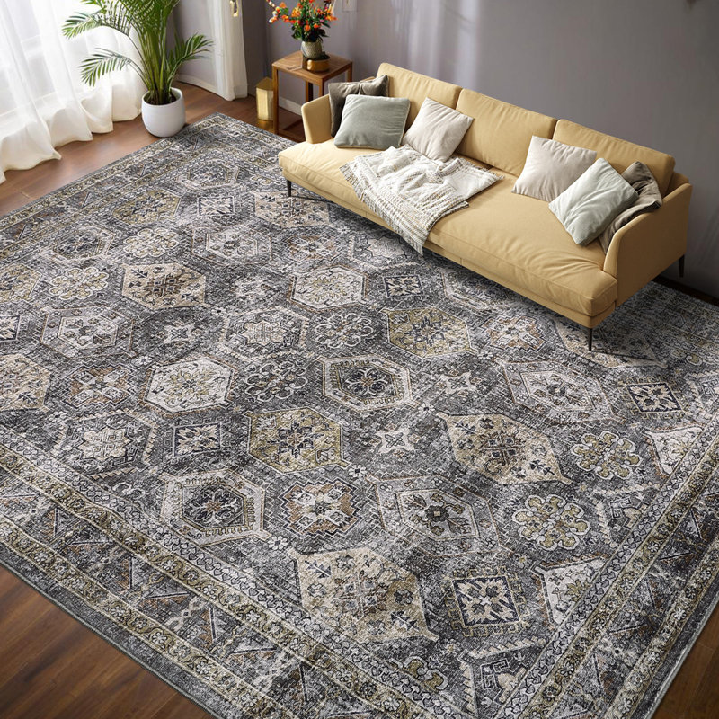 Vintage Oriental Printed Distressed Rug Washable Thin Low Pile Area Rugs for Living Room Decor Non Slip Stain Resistant Entry Runner Rug Soft Carpet for Bedroom