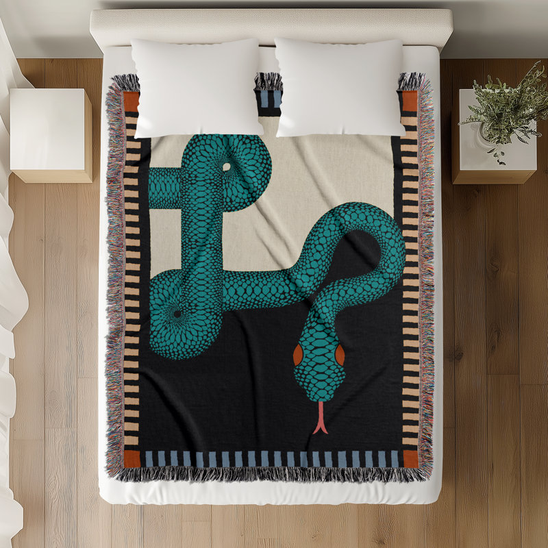 Jeté en mélange de coton Sami Snake, L 80 po x l 60 po, Sarcelle / Noir