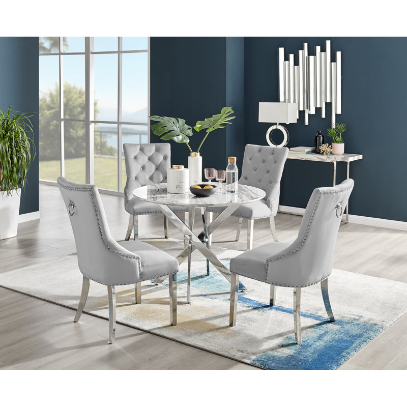 Novara White Marble Round Dining Table & 4 Grey Belgravia Chairs, Marble, Grey
