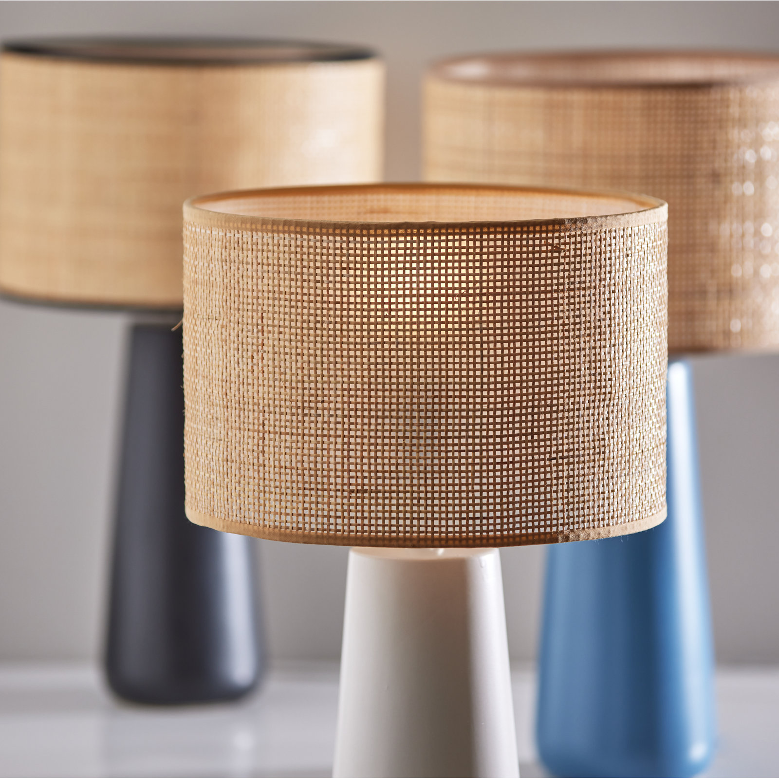 Piazza Ceramic Table Lamp, Natural Rattan w. Beige Trim, Blue, 30''H x 16''W x 16''D