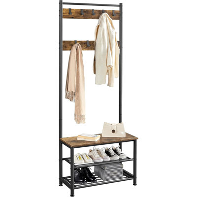 3-in-1 Hall Tree Coat Rack Shoe Bench with 9 Hooks and Storage Shelf, Industrial Entryway Storage Shelf Bench
