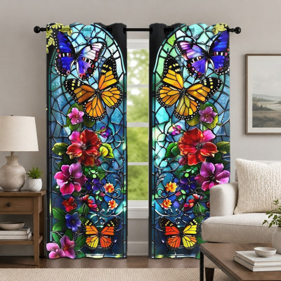 2Pcs Colorful Butterfly and Flower Curtains, Stained Glass Style Patterned Drape, Artistic Floral Printed Grommet Window Panel, Decorative Hanging Drapes for Living Room Bedroom Decor