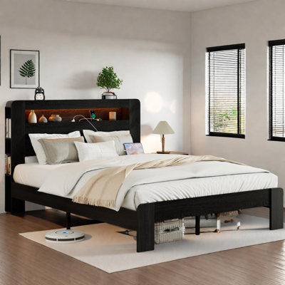 Full Size Wood Platform Bed Frame with Storage LED Headboard and USB Ports