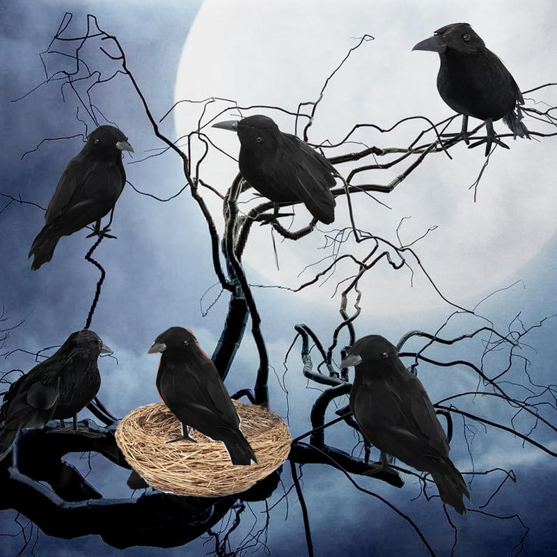 6 pièces de corbeaux noirs d'Halloween avec 1 pièce de nid d'oiseau, corneilles à plumes noires faites à la main et plumes d'oiseaux