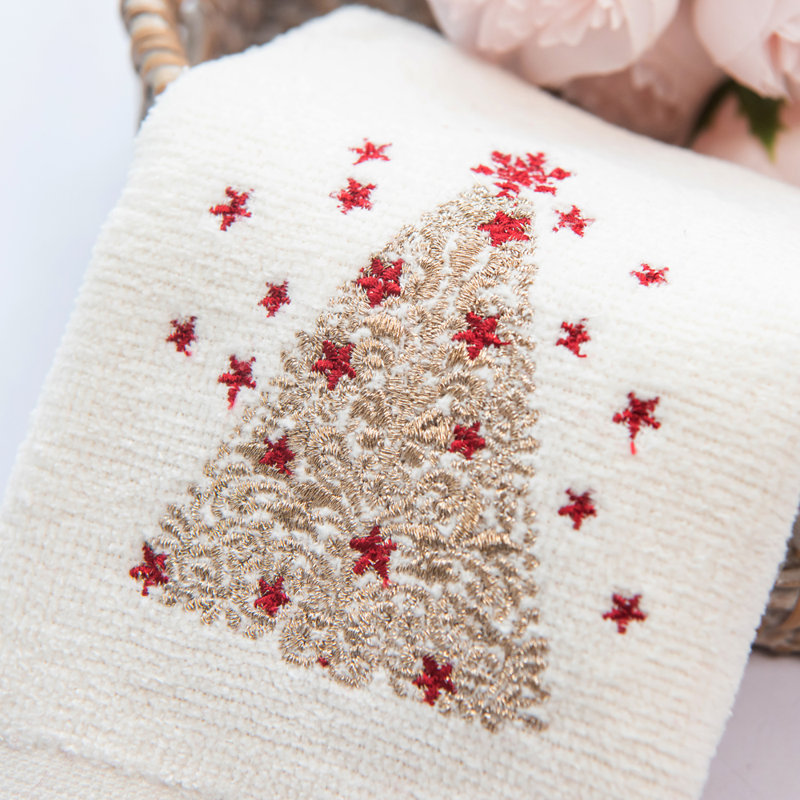 Durand Home Decor Xmas Premium Luxury Ultra Soft 100% Cotton Embroidered Bathroom Modern 3 Piece Christmas Towel Set, Gold Red Ivory Colour Gold Christmas Tree Pattern