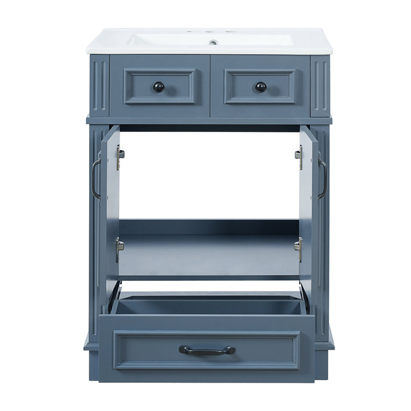 Meuble-lavabo de 24 po avec lavabo en céramique, armoire de rangement en bois massif avec portes à fermeture douce, style rétro, bleu