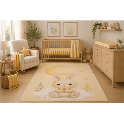 5' x 7' Cute Bunny Moon Area Rug, Watercolor Rabbit on Cloud Nursery Baby Girl Bedroom Playroom Decor, Non-Slip Silicone Backing Low Pile Carpet