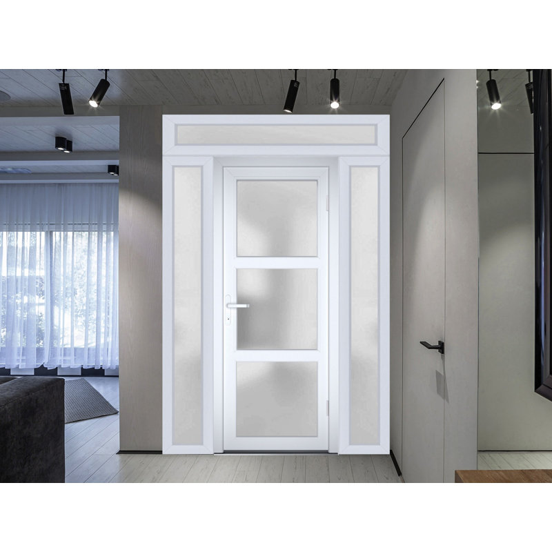 Porte d'entrée extérieure prémontée en PVC-U, verre dépoli, Manux 8552 Blanc Soie, 2 fenêtres latérales et supérieures, portes extérieures pour bureaux, commerces et habitations, entrée, patio, garage - L 40,86 + 91,44 + 40,62 cm x H 203,22 + 35,66 cm - Ouverture à droite vers l'intérieur