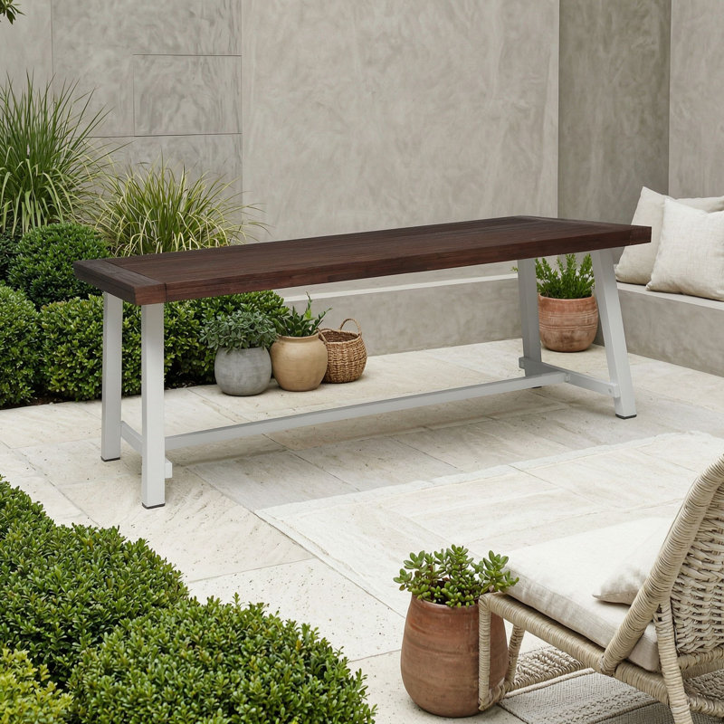 Table de salle à manger d'extérieur, table de patio en bois d'acacia avec structure en métal, Marron foncé