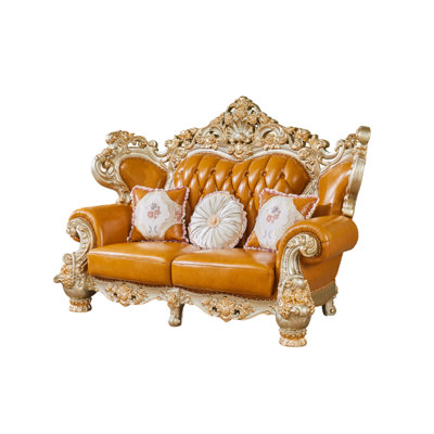European-style Solid Wood Sofa 81.89'' Leather Loveseat
