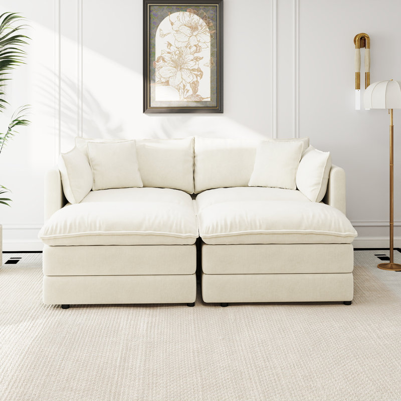 Canapé-lit en chenille moderne avec repose-pieds, H 33,85 po x l 77,16 po x P 35,82 po, Chenille beige
