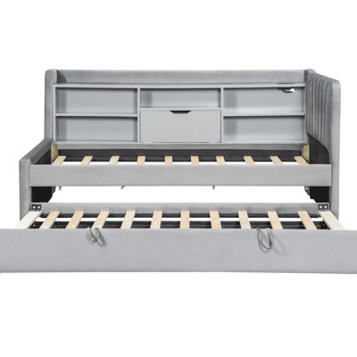 Twin Size Gray Upholstered Daybed With Pull - Out Trundle, Storage For Books, Charging Multifunctional Guest Rooms And Bedrooms & Outlet Shared Rooms, Space Saving Design