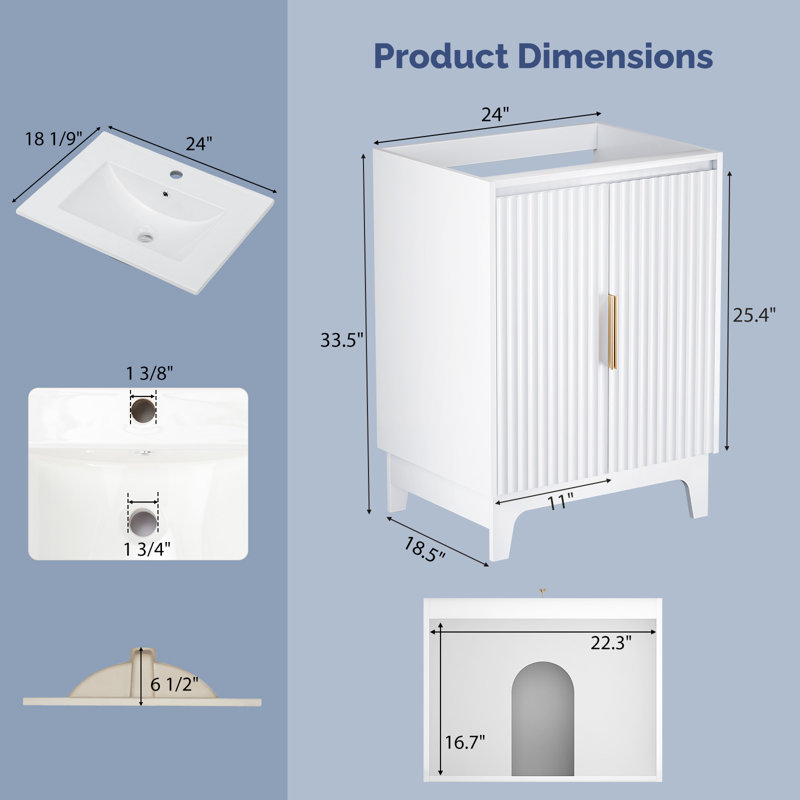 24'' White Bathroom Vanity Cabinet with Grille Doors, White, 24"