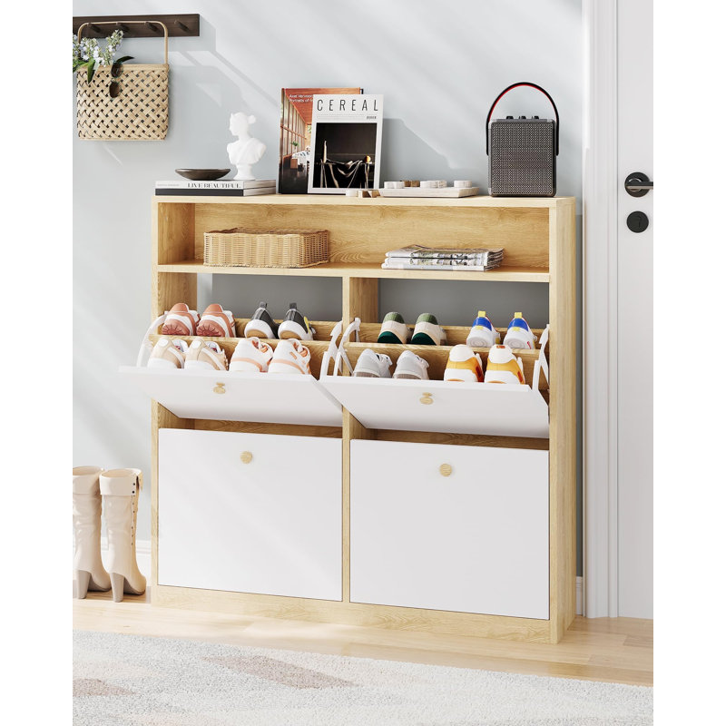 Slim Shoe Cabinet with 4 Flip Doors, Hidden Wooden Shoe Storage Organizer with Open Shelf