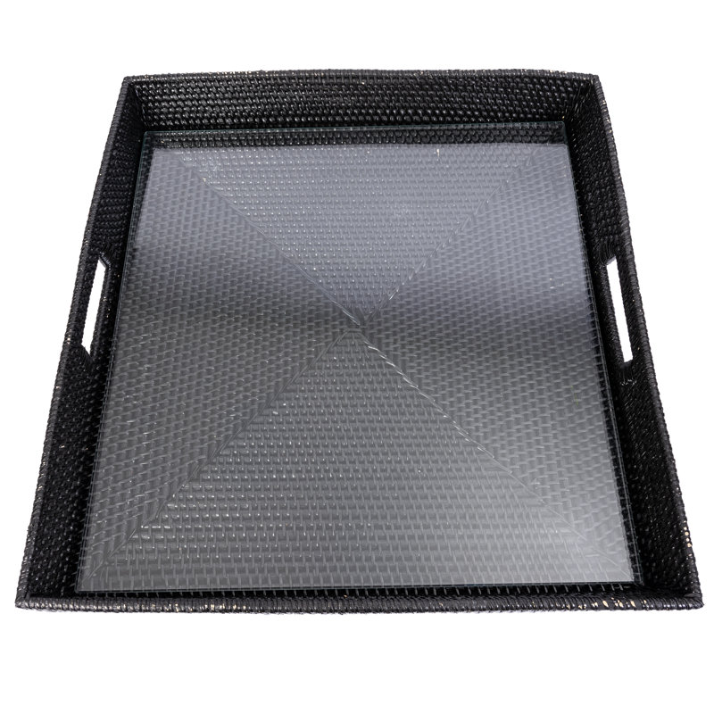 Plateaux de repose-pieds carrés avec insert en verre, H 3 po x l 16 po x P 16 po, Ensemble de verres, Noir Tudor