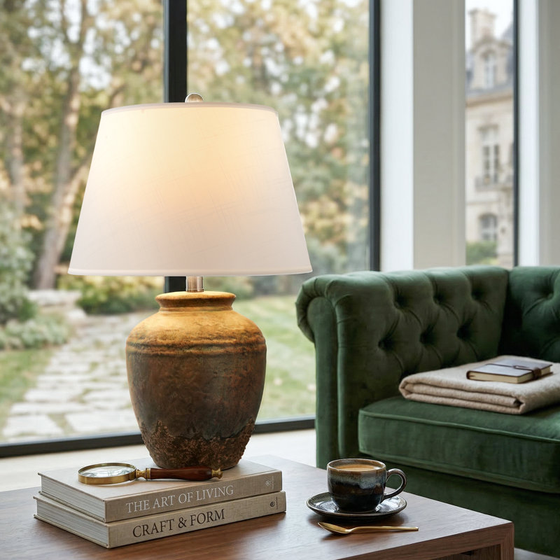 22in Rustic Ceramic Jar Table Lamp, Farmhouse Bedside Lamp, Vintage Textured Finish For Bedroom, Living Room, Office