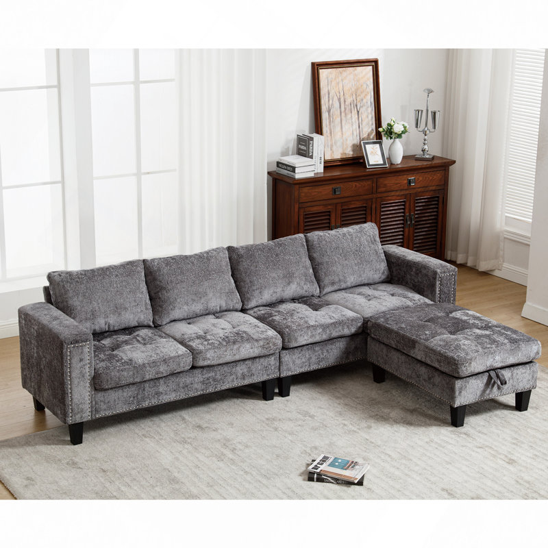 Canapé modulaire 5 places, avec repose-pieds de rangement, canapé modulaire convertible, canapé en L, méridienne réversible, canapé riveté, chenille