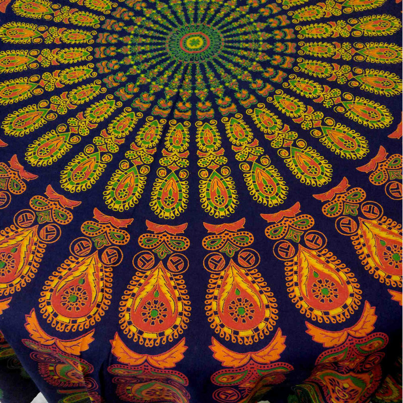 Lawhon Cotton Sanganer Peacock Mandala Tablecloth, Blue Orange