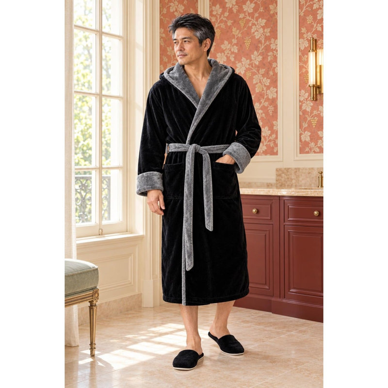 LOTUS LINEN - Peignoir moelleux à capuche, G / TG, Noir / gris