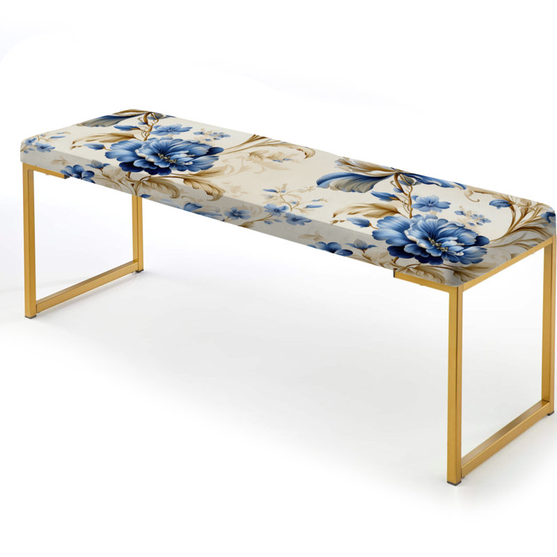 Banc rembourré damassé doré, Motif victorien à coins ornés bleu de cobalt I