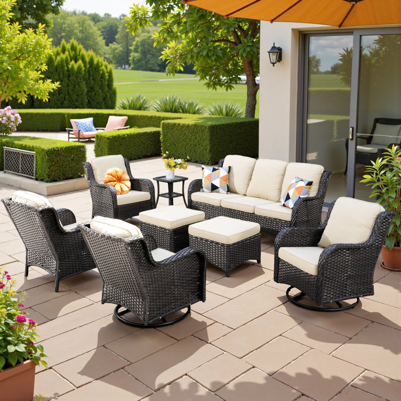 Amerissa 7 - Person Wicker Rattan Patio Furniture Set with Swivel Chairs, Outdoor All Weather Sofa Conversation Set with Cushions for Garden Backyard