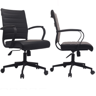 Art Deco Industrial Ergonomic Mid-Back Ribbed PU Leather Executive Office Desk Chair with Padded Arms, Swivel Tilt, Comfortable for Home Office & Conference Room, All Black