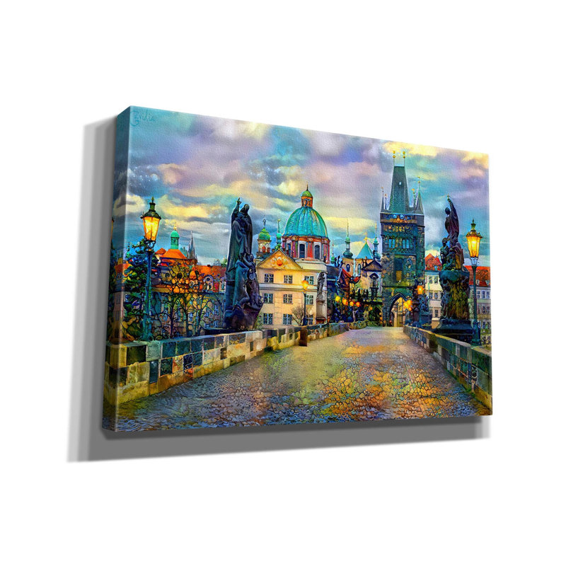 «Prague République Tchéque, pont Charles» par Pedro Gavidia, art mural sur toile, H 18 po x l 26 po x P 0,75 po