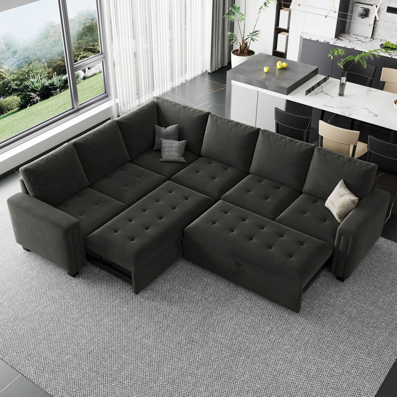 Shavera Velvet Modern Modular L-Shaped Sleeper Sofa Bed, Gray Velvet
