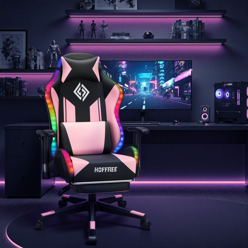 HOFFREE LED Gaming Chair Ergonomic PVC Leather Computer Chair PC Game Chair With Footrest And Lumbar Support, Pink