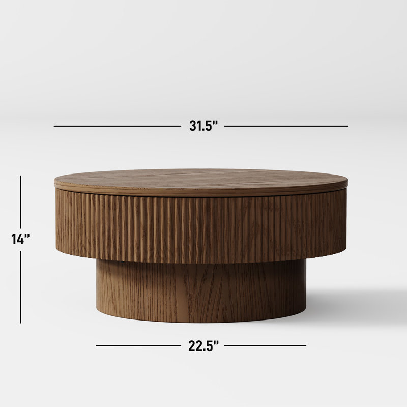 Round Drum Coffee Table with Storage, Walnut, 14" H x 31.5" W x 31.5" D