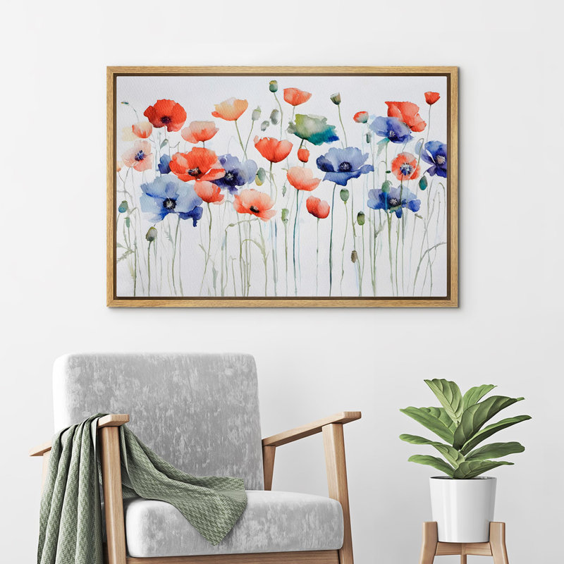 Rouge et bleu, coquelicots, bonheur, aquarelle, art floral, botanique, moderne, détente, chambre à coucher, décor