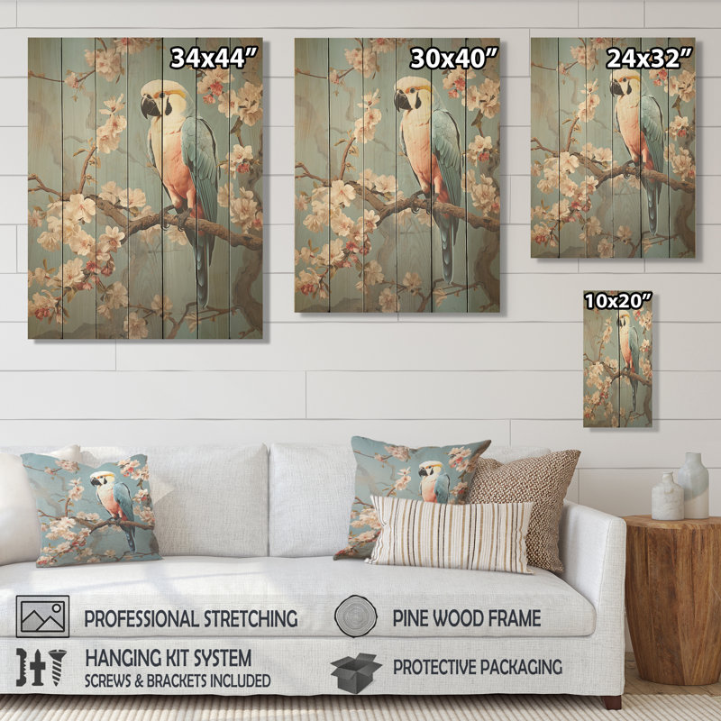 «Vintage Parrots Floral Paradise II» - impression de perroquet sur bois, H 32 po x l 24 po