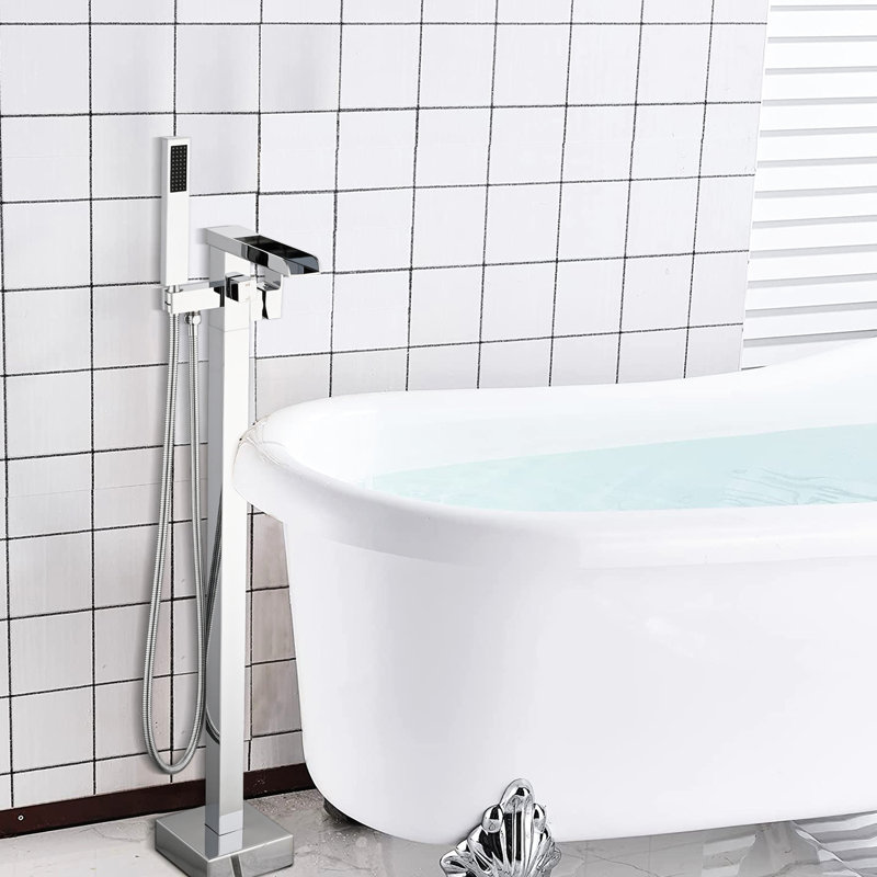 Stainless Steel Floor Mount Tub Filler With Waterfall Effect And Handheld Shower Mounted Design Included, Chrome