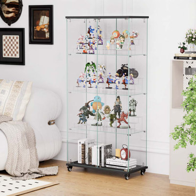Vitrine à 4 niveaux en verre, armoire à deux portes avec deux verrous, armoire de rangement au sol avec 6 tablettes en acrylique pour le salon, la chambre à coucher et le bureau, noir, L 31,5 po x l 14,2 po x H 65,1 po