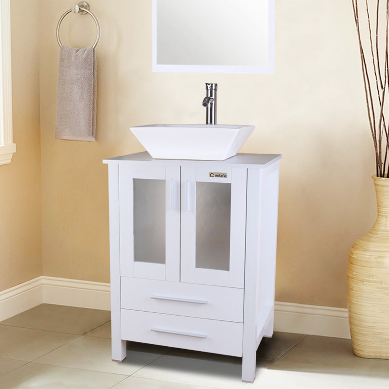 24'' White MDF Freestanding Bathroom Vanity with Ceramic Vessel Sink