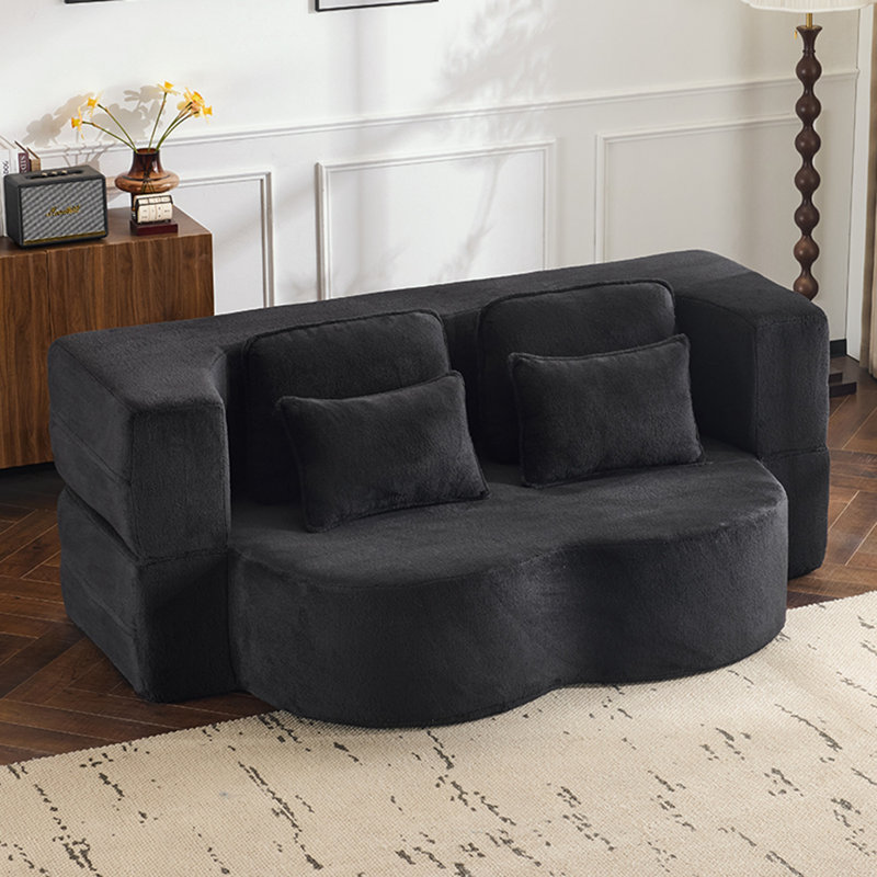 Foldable Sofa Bed, Black Faux Fur