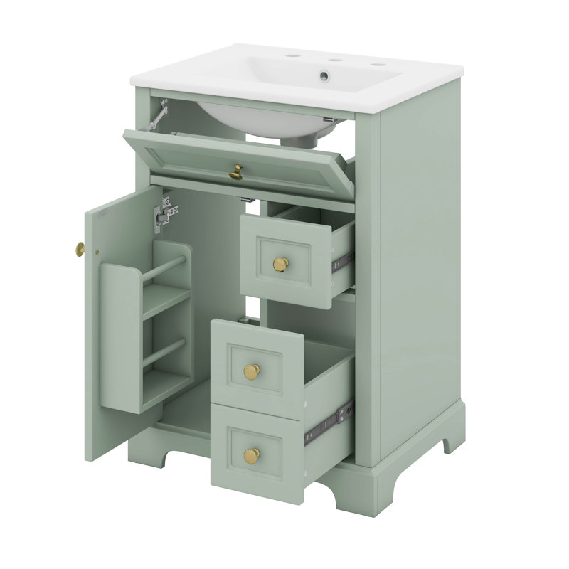 Meuble-lavabo 24 po avec lavabo, 3 tiroirs et armoire avec support de porte à 2 niveaux, tiroirs, Vert