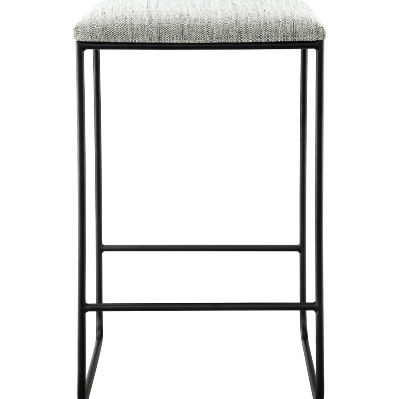 Tabouret de comptoir avec revêtement en faux lin gris moderne et structure en métal noir mat, sans assemblage - miroir de coussin de siège texturé