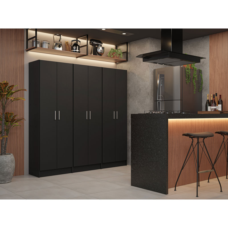 Hokku Designs Kitchen Set 3 Pantry Storage Cabinet with 15 Utility Shelves 71"L Wooden Organization Unit for Kitchen, Black