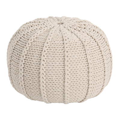 Round Knitted Pouf Ottoman, Handwoven Details, 20 Inch Beige Cotton