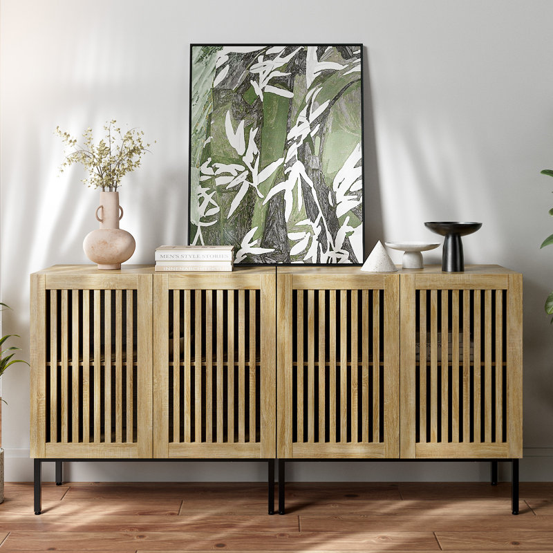 Oak 6-Door Buffet Cabinet with Metal Base and Adjustable Shelves