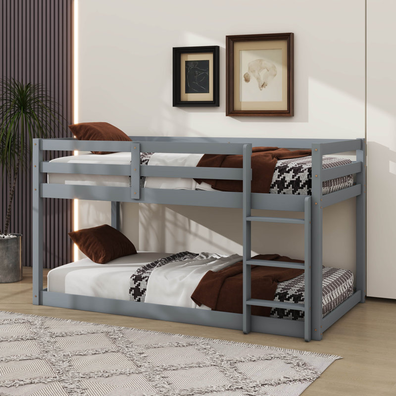 Twin-Size Stacked Floor Bunk Bed Equipped With Ladder, Gray
