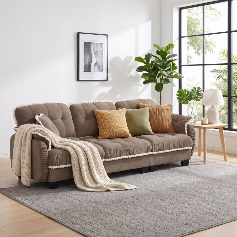 Canapé en chenille 3 places avec garniture de pompons et capitonnage matelassé, canapé ergonomique à assise profonde avec 4 coussins, support en mousse haute densité, canapé de salon moderne